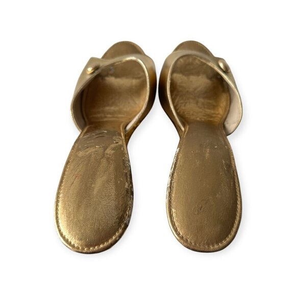 Vintage 1950s Gold Boomerang Wedge Mules– Sculptural Heel, Metallic Leather 8.5N - Picture 12 of 14